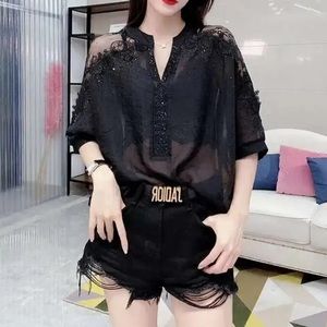 #181 All-match Diamonds Hollow Out Single Breasted Blouses Chic Loose Bat Shirt